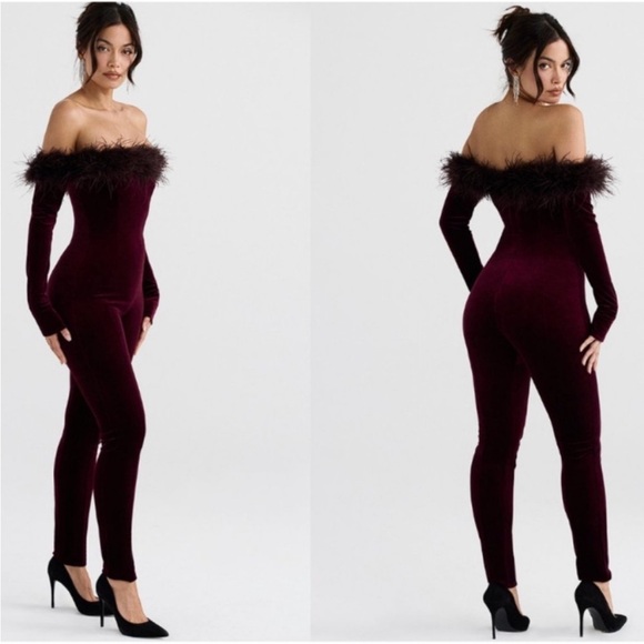 House of CB 'Salima' Dark Cherry Velvet Feather Jumpsuit - Picture 1 of 10